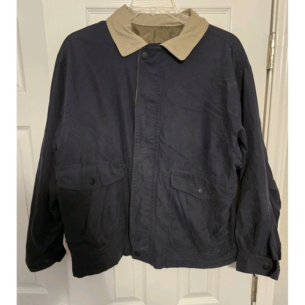 Vintage Forest Club by Rainforest Mens Large Jacket Navy Tan Collar Nylon Zip